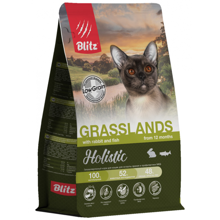 Blitz Holistic Grasslands Rabbit & Fish Adult Cat Низкозерновой корм для взрослых кошек с индейкой, кроликом и рыбой Blitz Holistic Grasslands Rabbit & Fish Adult Cat Низкозерновой корм для взрослых кошек с индейкой, кроликом и рыбой