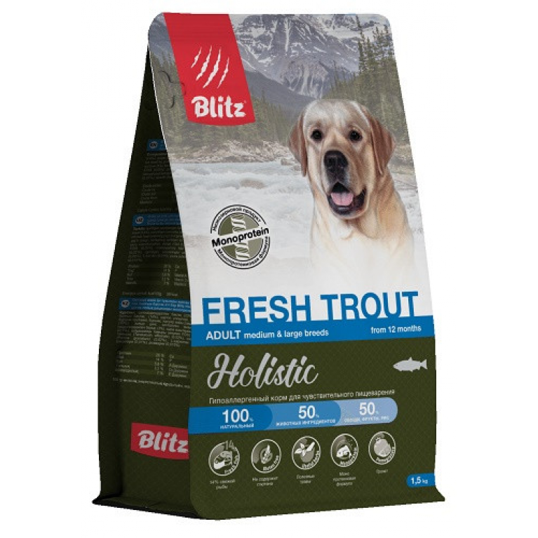Blitz Holistic Fresh Trout Adult Dog Medium & Large breeds Монопротеиновый низкозерновой сухой корм для взрослых собак средних и крупных пород с Форелью