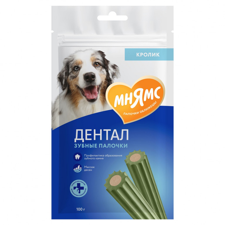 Мнямс DENTAL лакомство для собак "Зубные палочки" с хлорофиллом и кроликом 100г