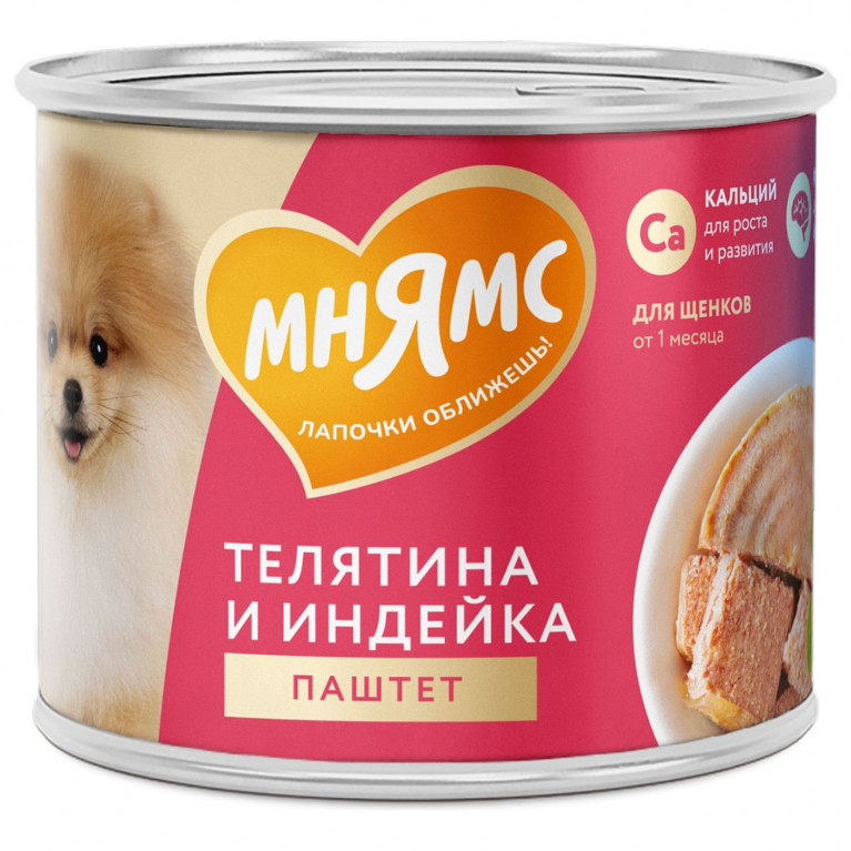 Мнямс Консервы "Правильное развитие" Паштет из телятины и индейки для щенков 200г