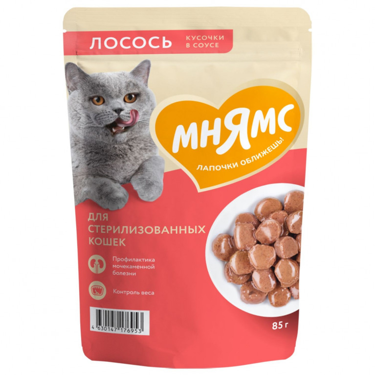 Мнямс Влажный корм На каждый день для стерилизованных кошек Кусочки в соусе с лососем  85г
