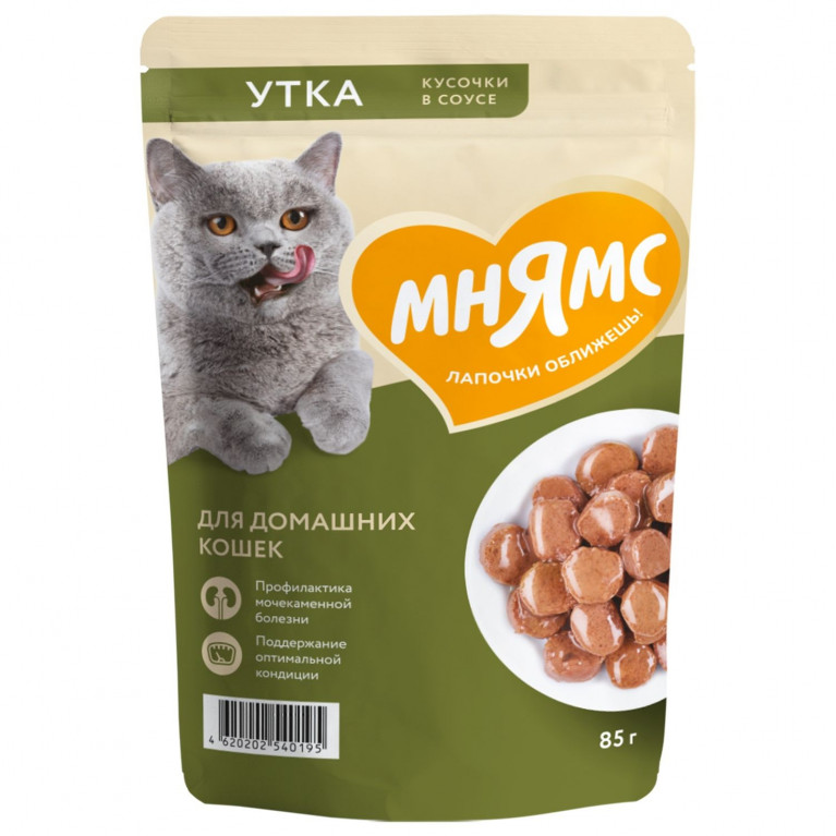 Мнямс Влажный корм На каждый день для домашних кошек Кусочки в соусе с уткой 85г