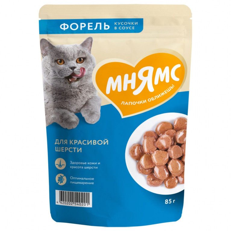 Мнямс Влажный корм На каждый день для красивой шерсти кошек Кусочки в соусе с форелью 85г