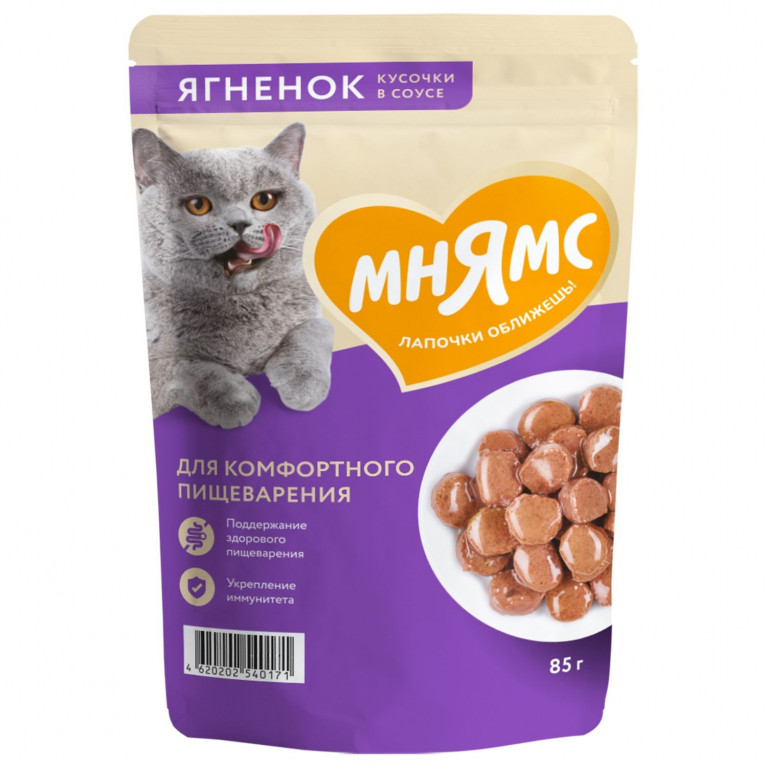 Мнямс Влажный корм На каждый день для комфортного пищеварения у кошек Кусочки в соусе с ягненком 85г