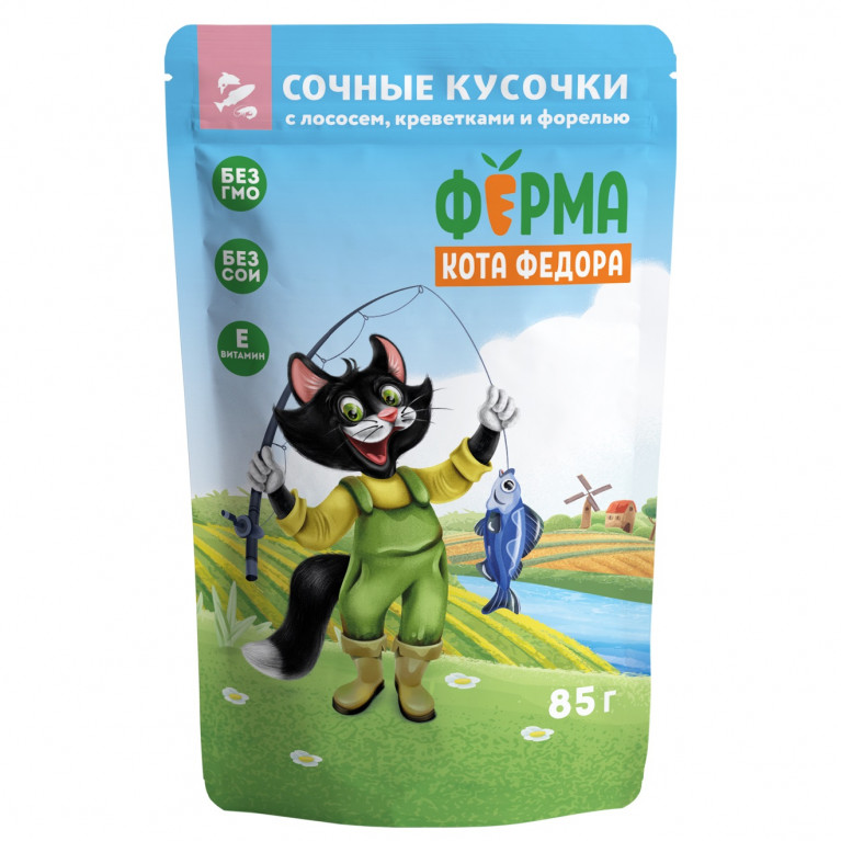 Мнямс "Ферма кота Фёдора" пауч для кошек рыбные кусочки для кошек с лососем, креветками и форелью 85г