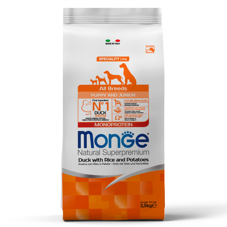 Monge Dog Speciality Line Monoprotein Puppy&Junior Сухой корм для щенков всех пород утка с рисом и картофелем Monge Dog Speciality Line Monoprotein Puppy&Junior Сухой корм для щенков всех пород утка с рисом и картофелем