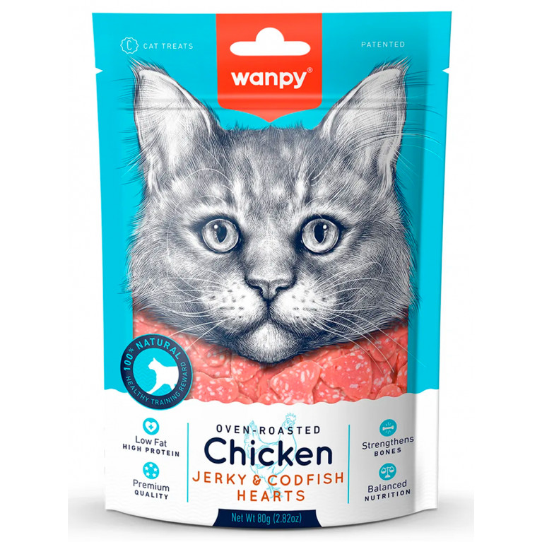 Wanpy Cat Лакомство для кошек «сердечки» из курицы с треской 80г