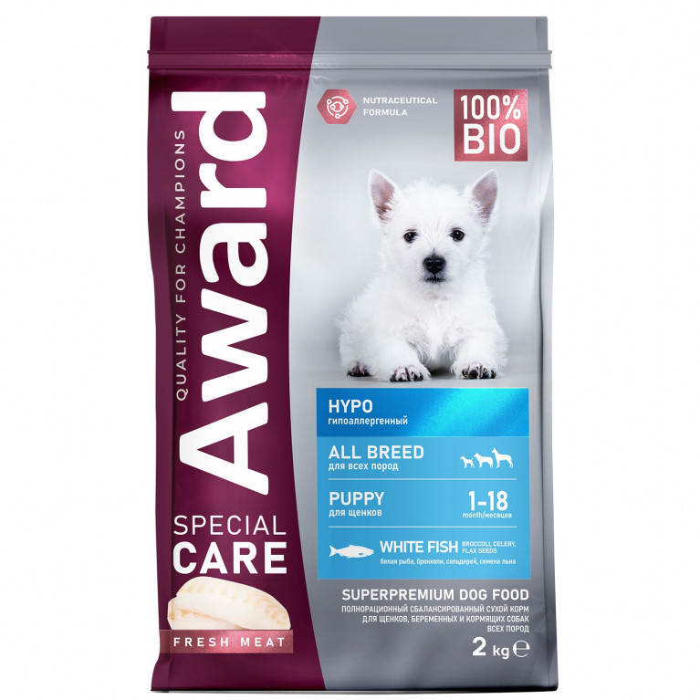 AWARD SPECIAL CARE HYPO PUPPY Сухой корм со свежей белой рыбой для щенков от 1 месяца, беременных и кормящих собак всех пород, склонных к аллергии 