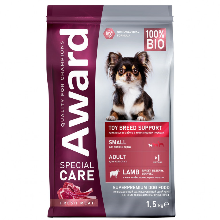 AWARD SPECIAL CARE Toy Breed Support Сухой корм для взрослых собак мелких и миниатюрных пород со свежим мясом ягненка