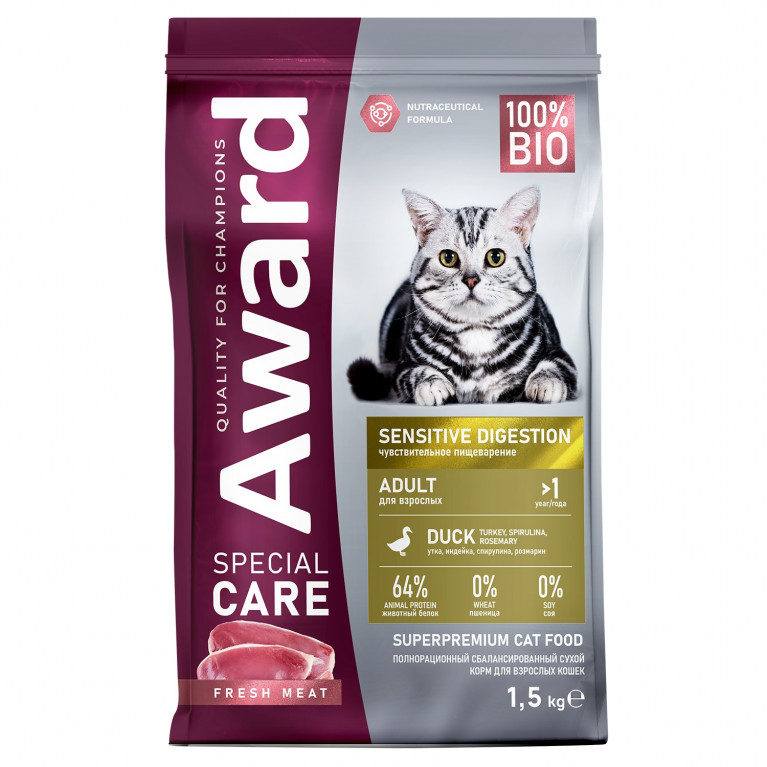 AWARD SPECIAL CARE Sensitive Digestion Сухой корм для взрослых кошек с чувствительным пищеварением со свежим мясом утки