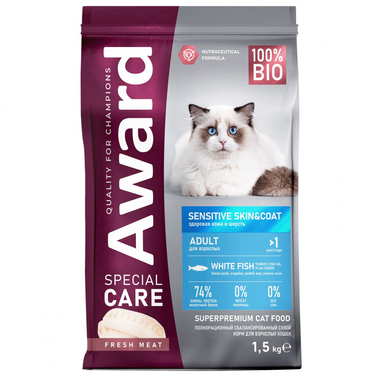 AWARD SPECIAL CARE Sensitive Skin&Coat Сухой корм для взрослых кошек для здоровой кожи и шерсти со свежей белой рыбой