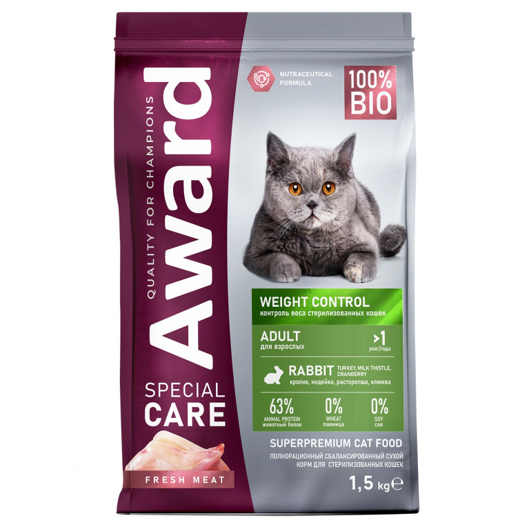 AWARD SPECIAL CARE Weight Control для взрослых стерилизованных кошек для контроля веса со свежим мясом кролика