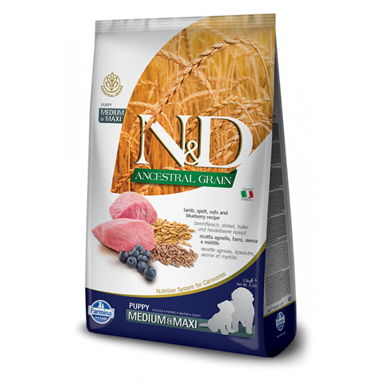 Farmina N&D Ancestral Grain Puppy Medium & Maxi Lamb & Blueberry Низкозерновой корм для щенков средних и крупных пород (Спельта, овес, ягненок, черника)