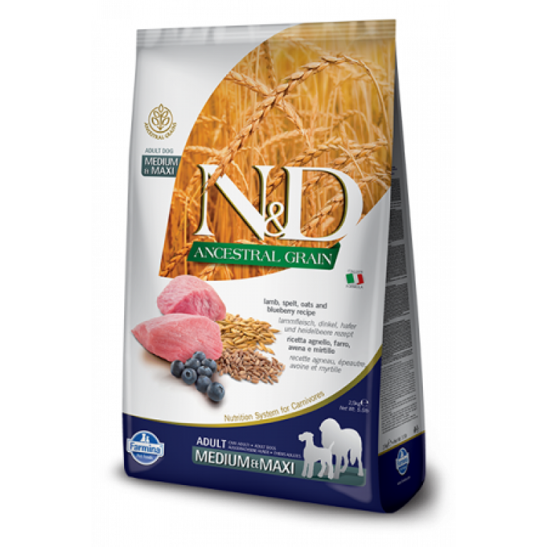 Farmina N&D Ancestral Grain Adult Medium & Maxi Lamb & Blueberry Низкозерновой корм для взрослых собак средних и крупных пород (Спельта, овес, ягненок, черника) Farmina N&D Ancestral Grain Adult Medium & Maxi Lamb & Blueberry Низкозерновой корм для взрослых собак средних и крупных пород (Спельта, овес, ягненок, черника)