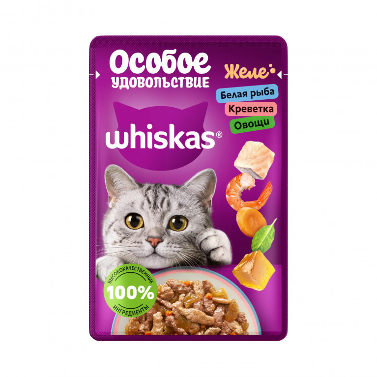 Whiskas "Особое удовольствие" пауч для взрослых кошек, с белой рыбой, креветкой и овощами в желе 75г