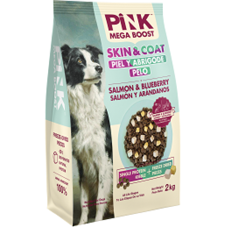 Pink MEGA BOOST Skin & Coat Сухой корм для здоровья кожи и шерсти собак всех возрастов Лосось с черникой, 2 гранулы