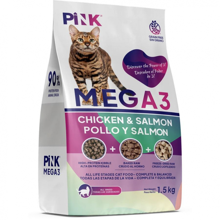 PINK MEGA 3 Сухой корм для кошек "Курица с лососем" (крокет+запеченное+сублимированное мясо)