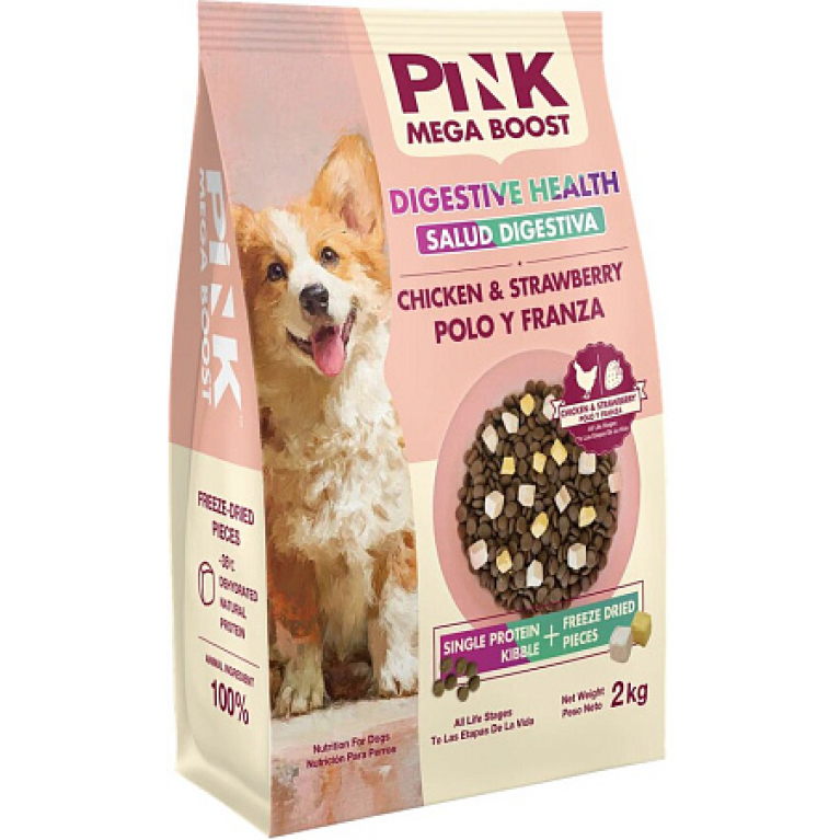 Pink MEGA BOOST Digestive Сухой кормдля собак с чувствительным пищеварением всех возрастов Курица с клубникой, 2 гранулы