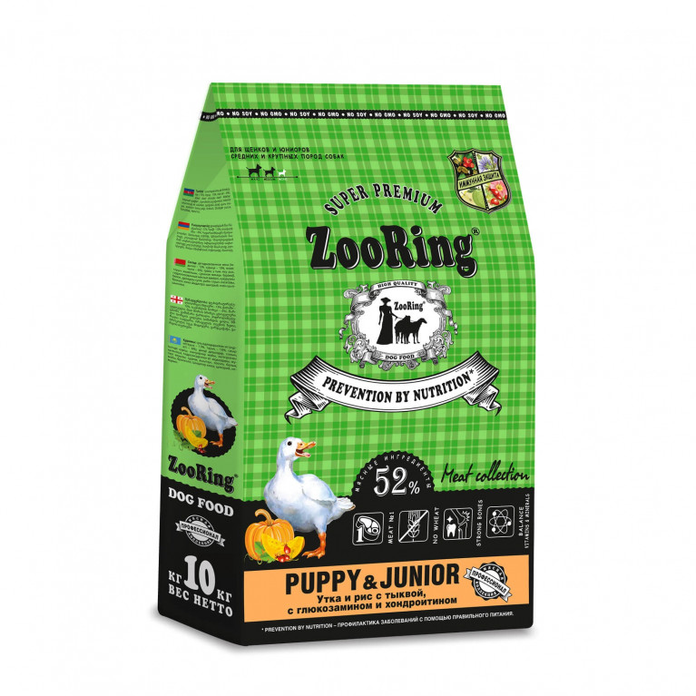 ZooRing Puppy&Junior Сухой корм для щенков и юниоров средних и крупных пород собак с 5 месяцев до 1,5 лет Утка и рис с тыквой, с глюкозамином и хондроитином ZooRing Puppy&Junior Сухой корм для щенков и юниоров средних и крупных пород собак с 5 месяцев до 1,5 лет Утка и рис с тыквой, с глюкозамином и хондроитином